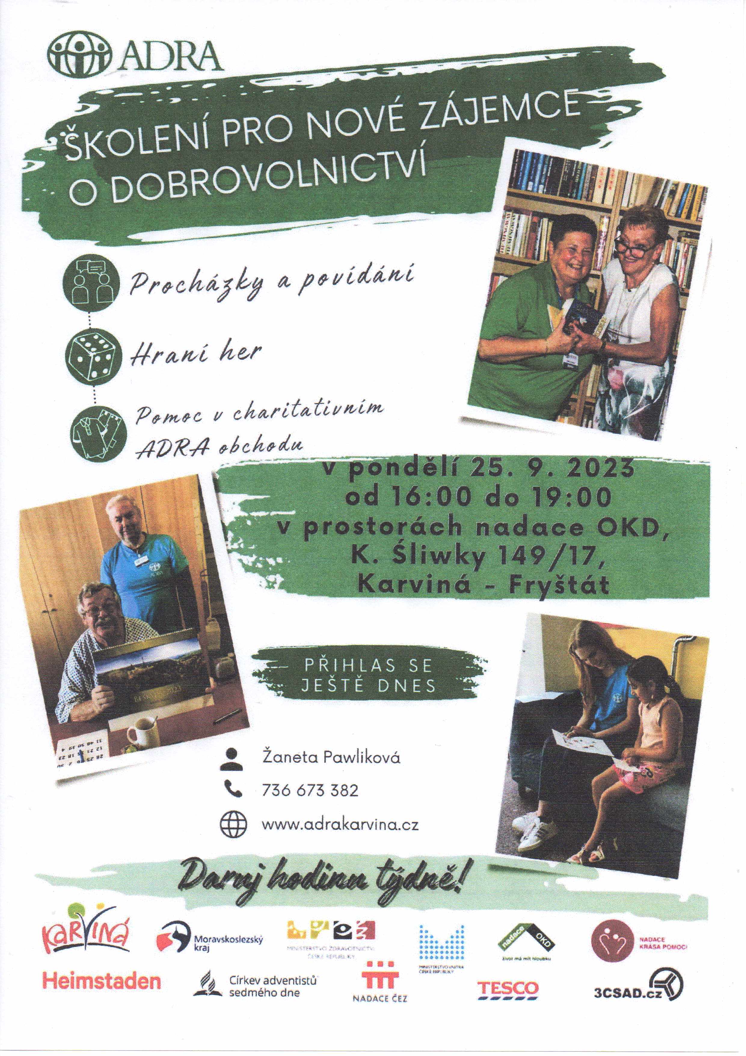 Pozvánka na školení nových dobrovolníků v pondělí 25.9.23 od 16 hod. v prostorách nadace OKD, K. Śliwky 149/17, Karviná-Fryštát