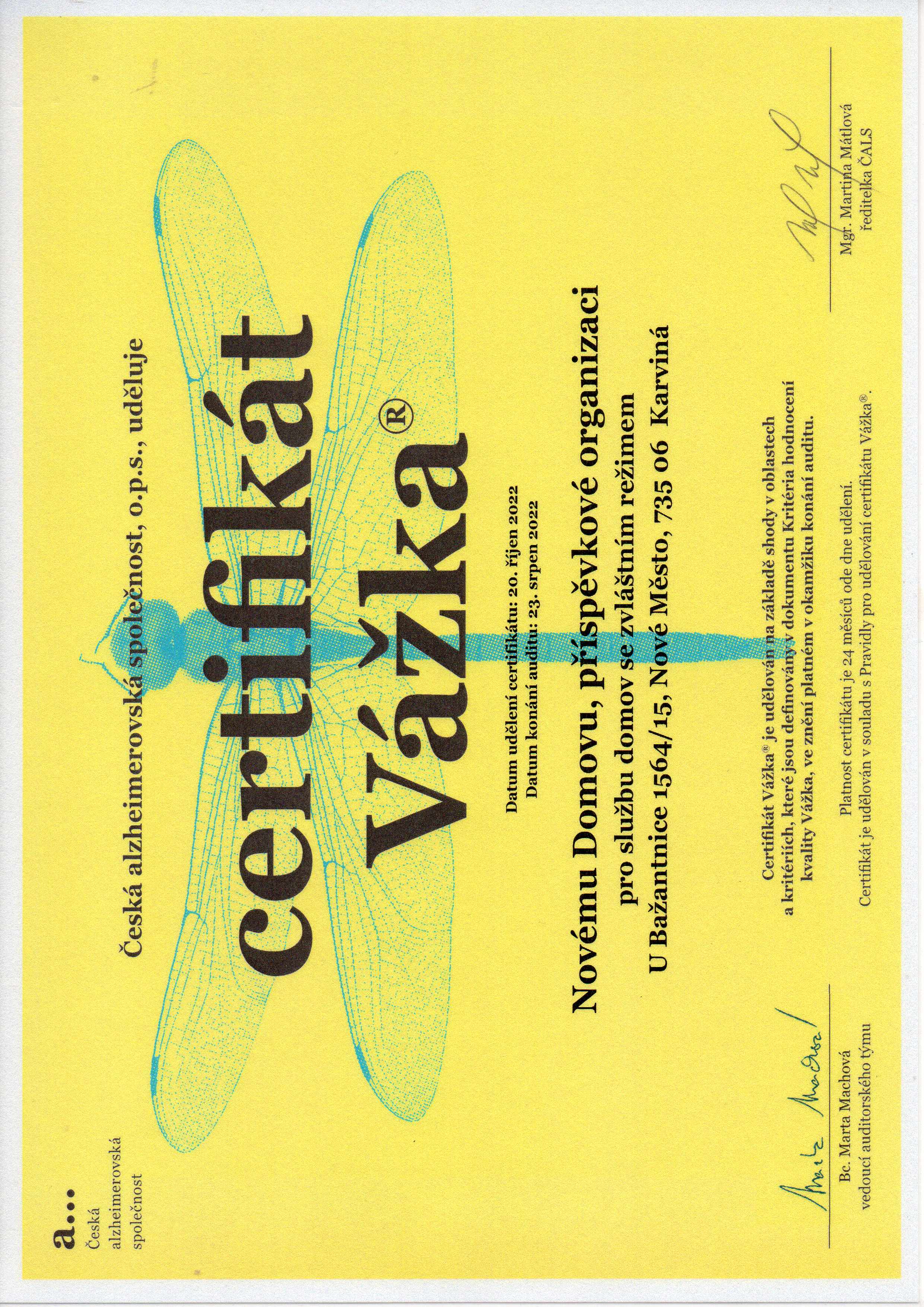 Certifikát Vážka 2022