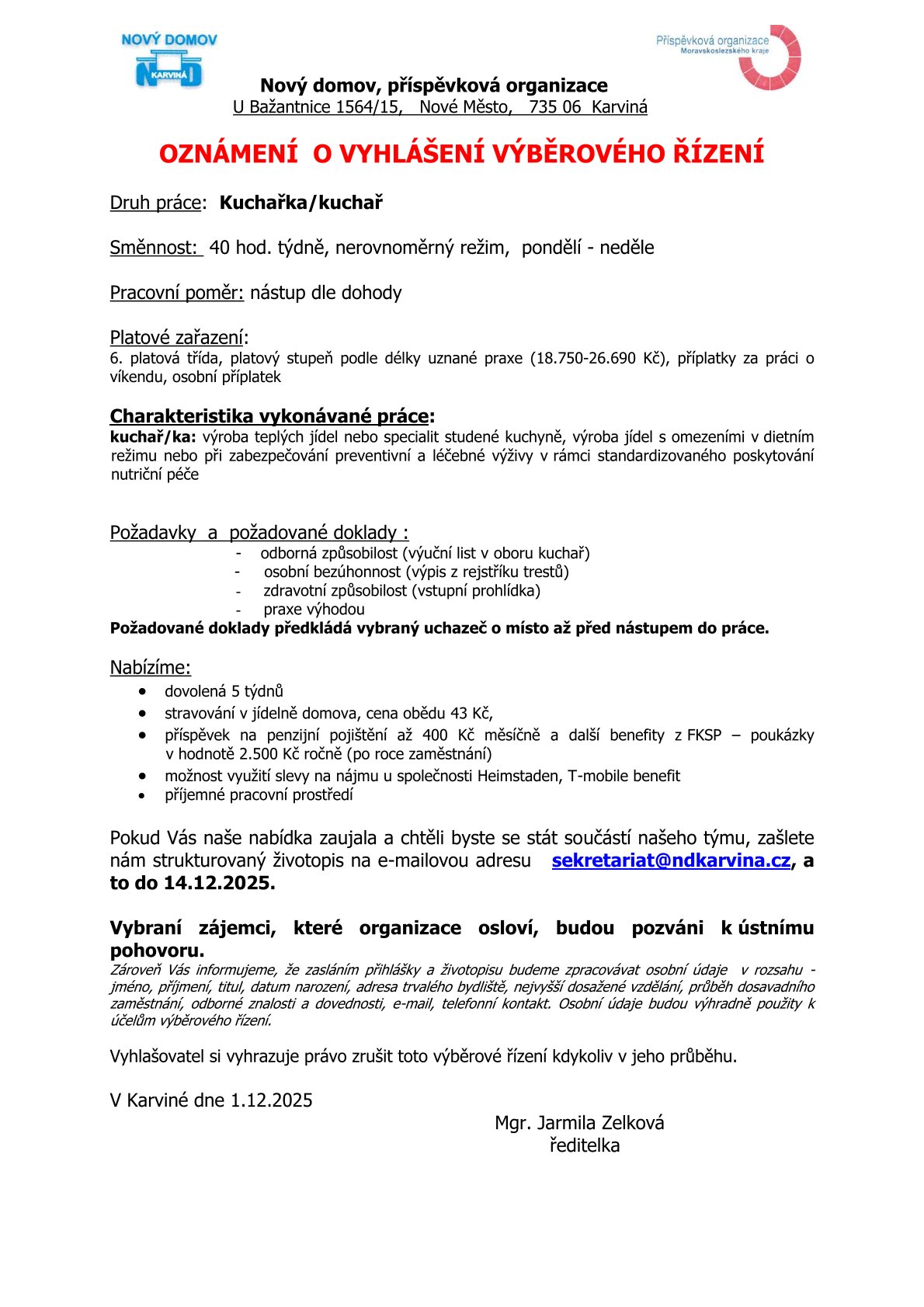 oznámení kuchařka prosinec 2025