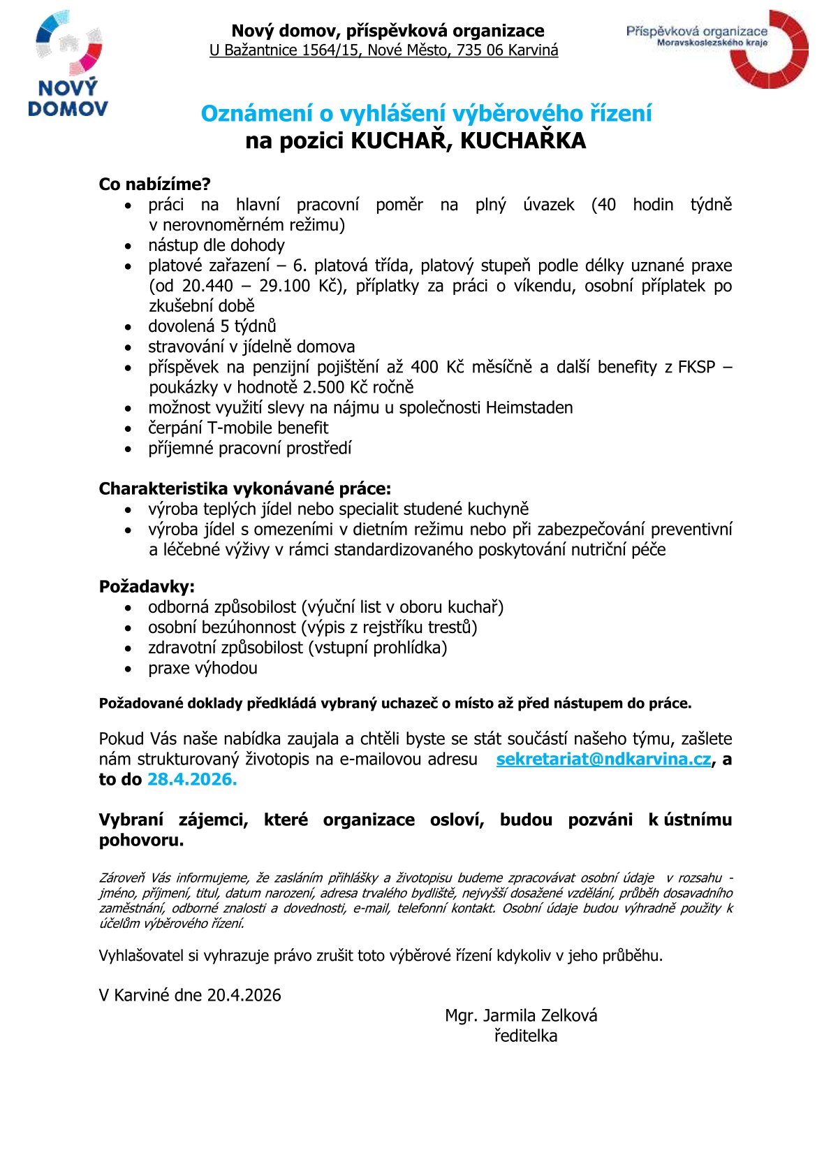 Výběrové řízení kuchař 4 2026